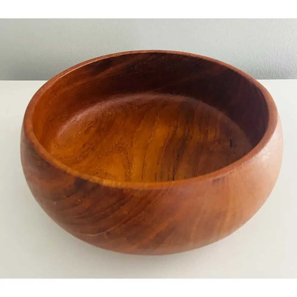 3-Piece Vintage MCM Hand-Turned Monkey Pod Salad Bowl and Serving Utensils